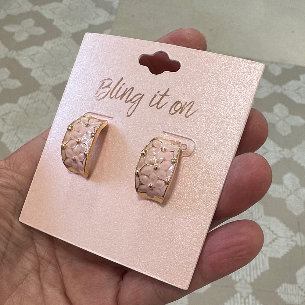 Pink Floral Hoop Earrings with Gold Accents